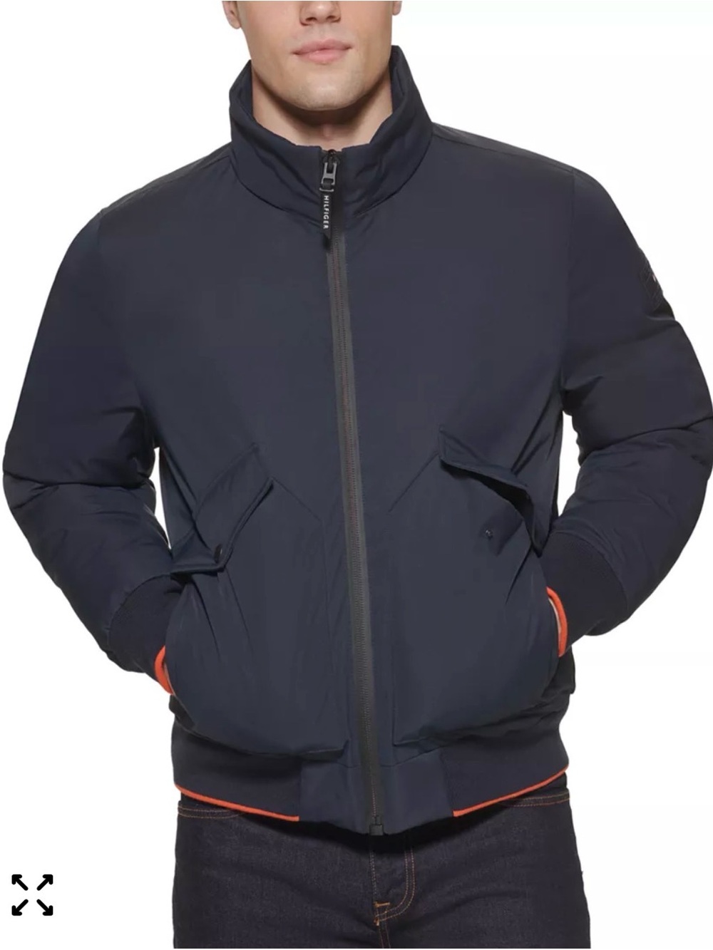 Tommy Hilfiger Navy Bomber Jacket with Orange Trim and hood option